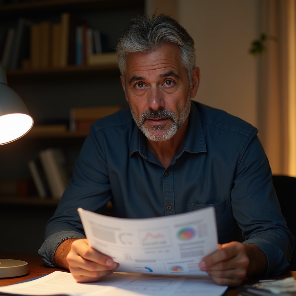 Business owner at a desk reviewing a detailed printed diagnostic report with annotations, warm office lighting, focused expression