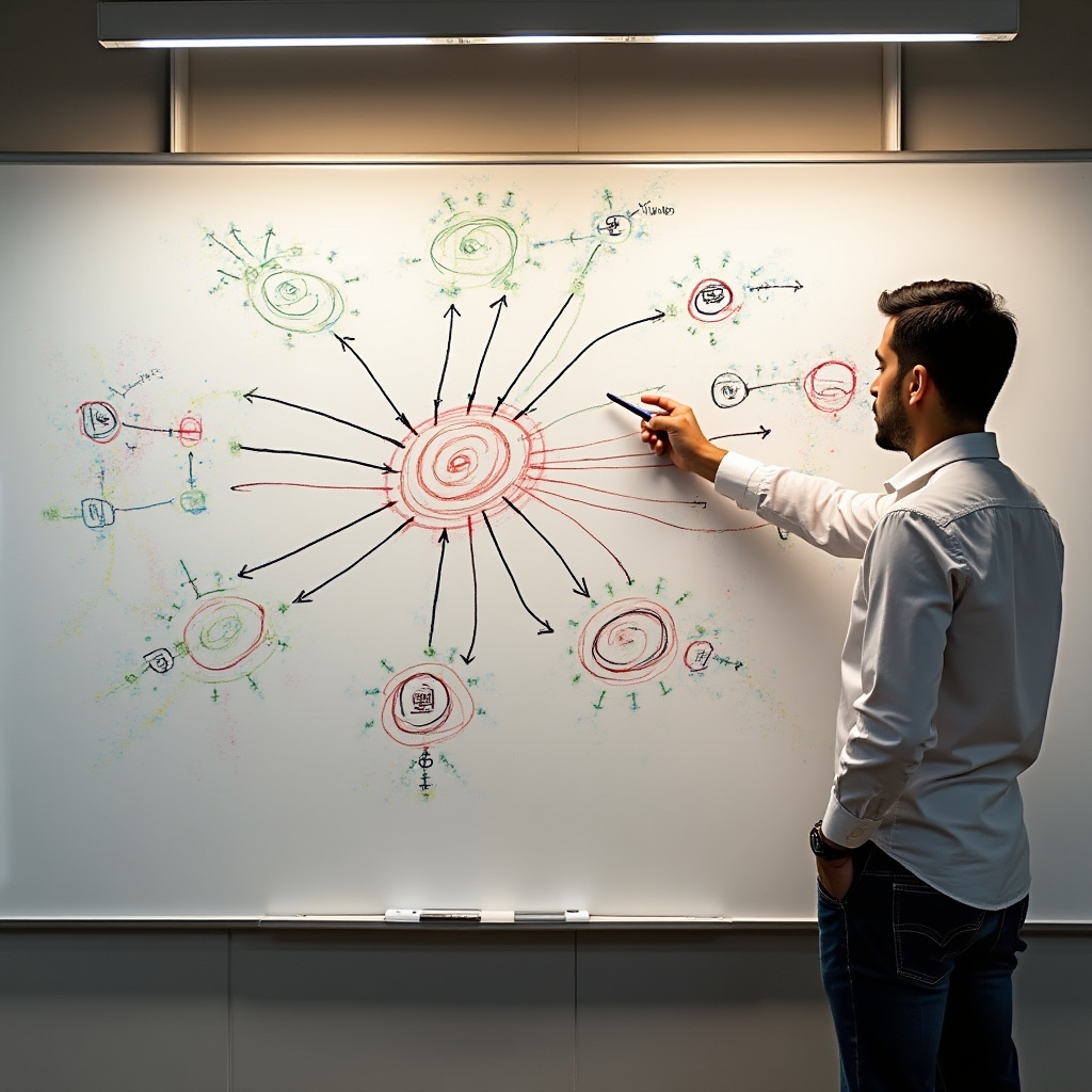Risk assessment diagram on a whiteboard showing supplier network connections and vulnerability points