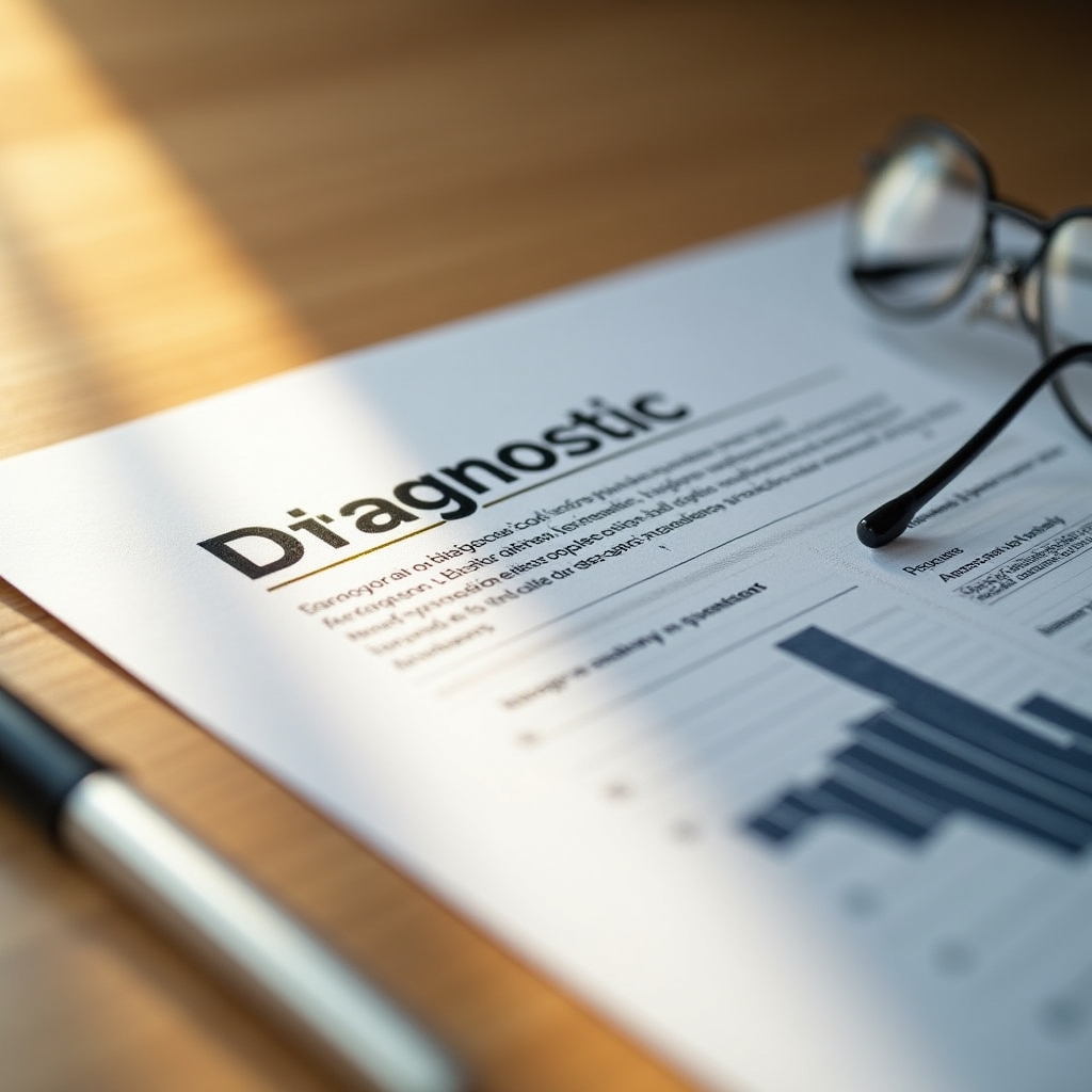 Clean professional supply chain diagnostic report document on a desk with a pen and reading glasses, warm office lighting