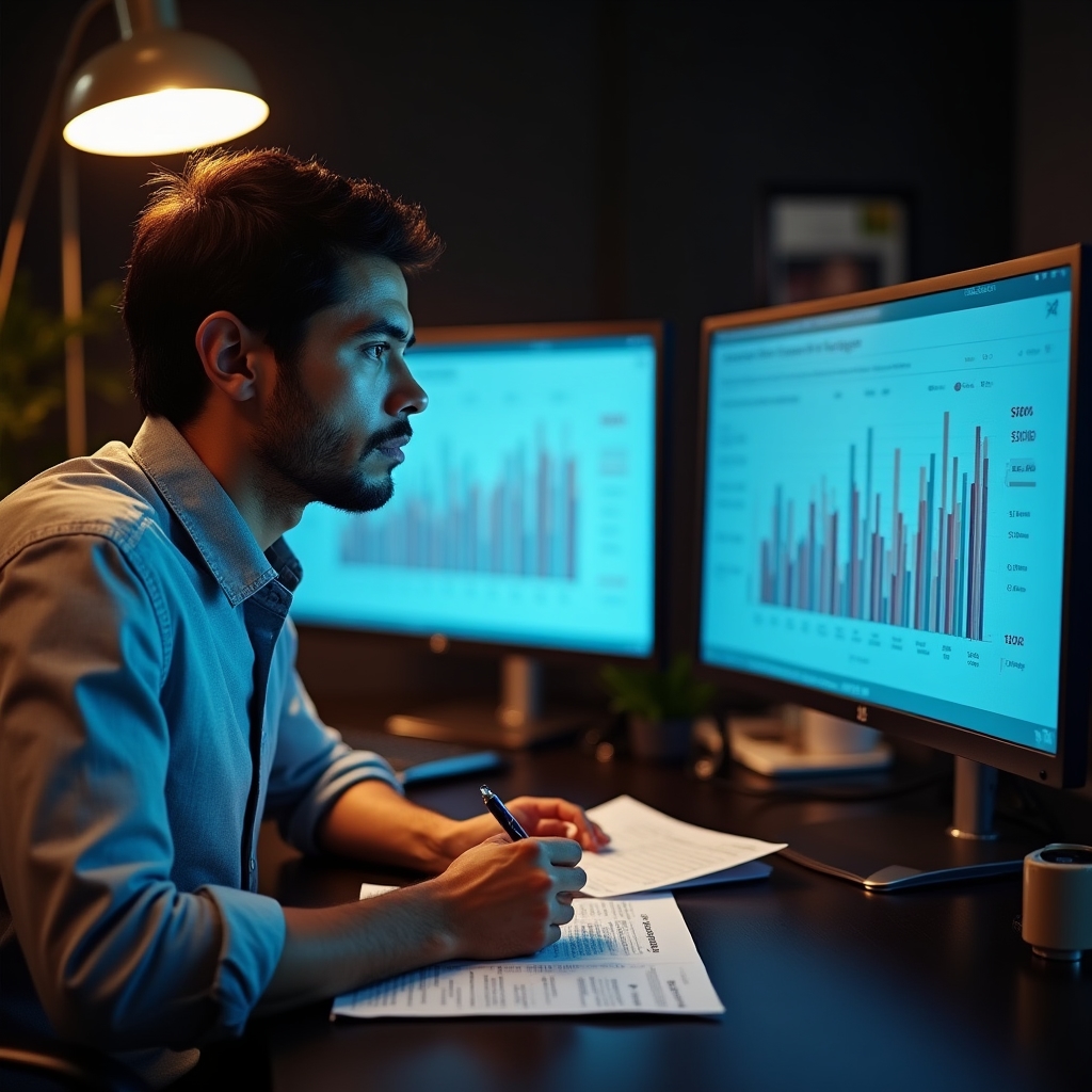 Business professional comparing price data on multiple screens