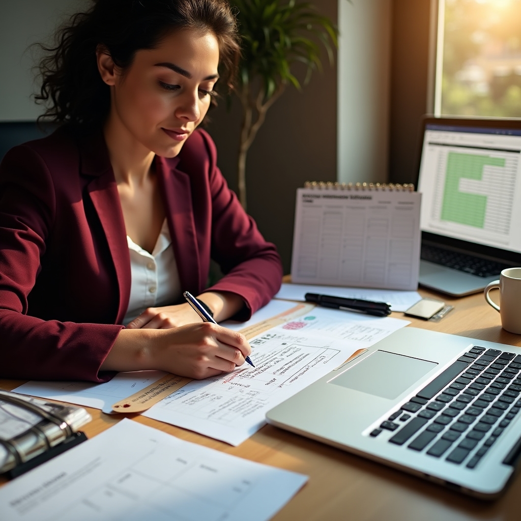 Financial analyst reviewing payment schedule documents and calendar on a clean office desk