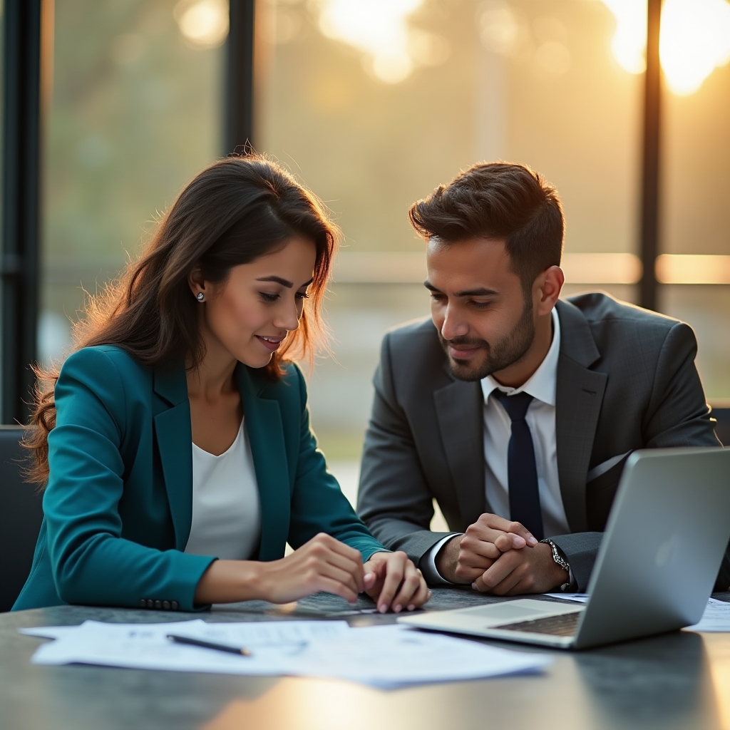 Two professionals reviewing supply chain data together at a conference table with laptops and printed reports